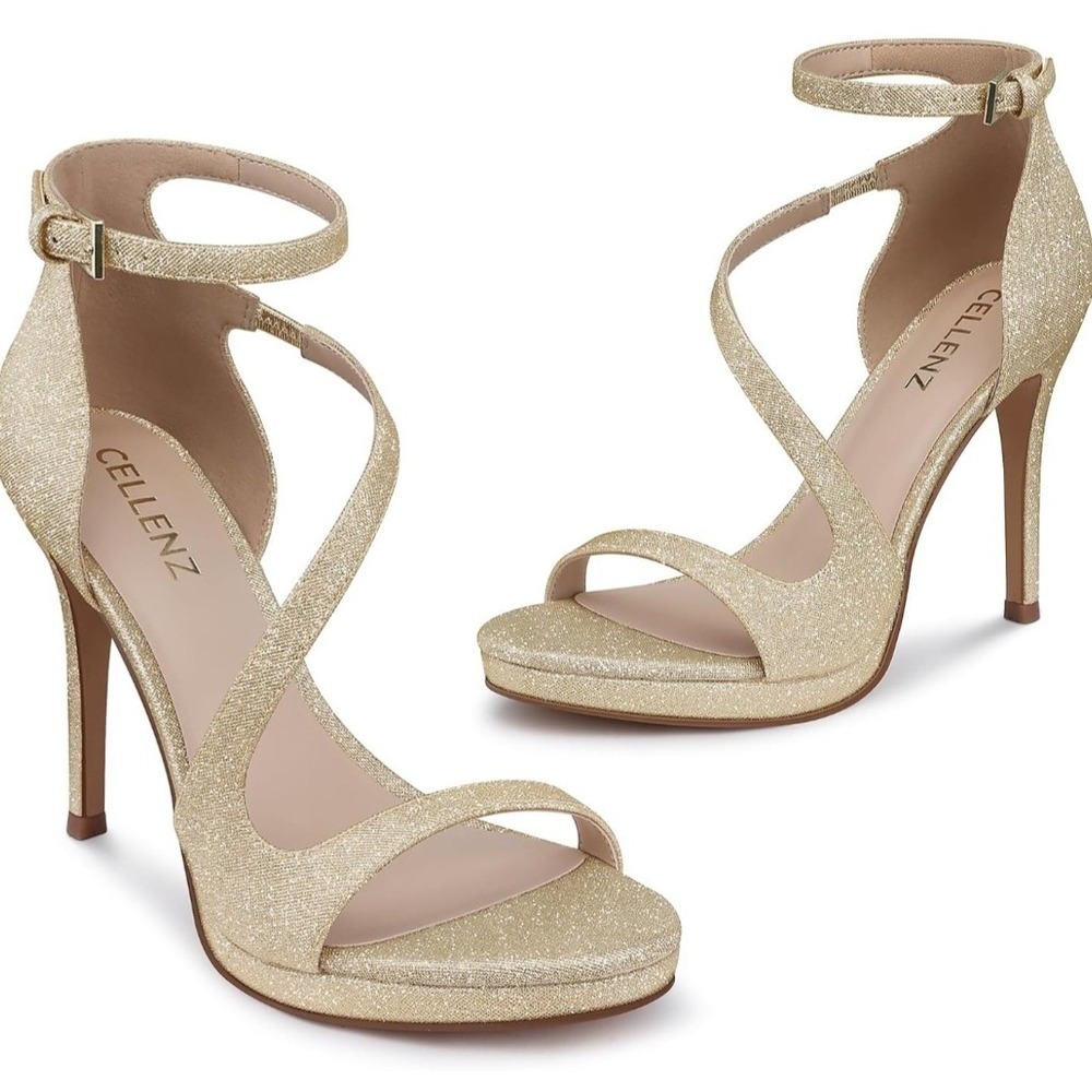 Cellenz Gold Glitter Platform Sandals Asymmetrical Ankle Strap Stiletto Heel 8.5